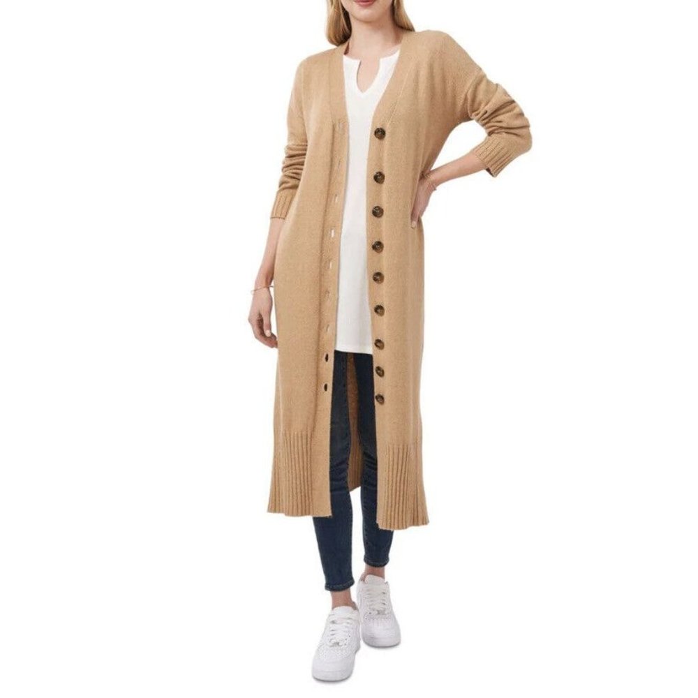 VINCE CAMUTO Women Cardigan Sz XXL Beige Camel Knit Vent Hem Button Down Duster